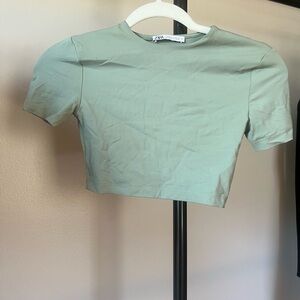 Zara Green Fitted Crop T-Shirt Short Sleeve